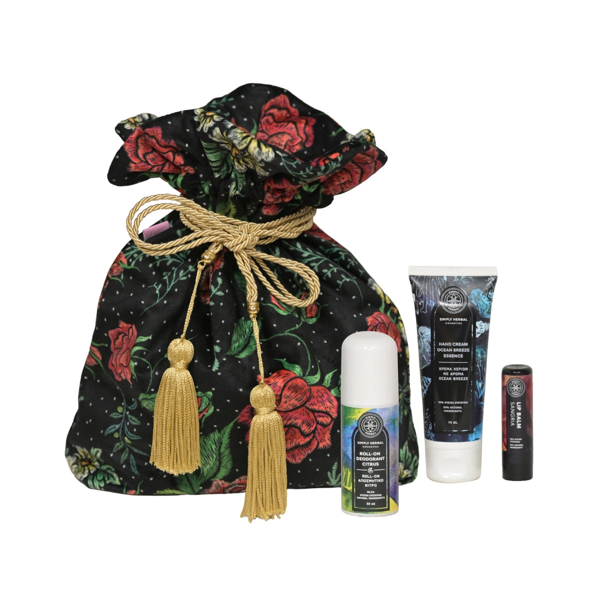 Limited Edition - Αποσμητικό Roll-On Κίτρο, Κρέμα Χεριών Αύρα Ωκεανού &amp; Lip Balm Σαγκρία με Pouch Bag (Georgina Trikogia)